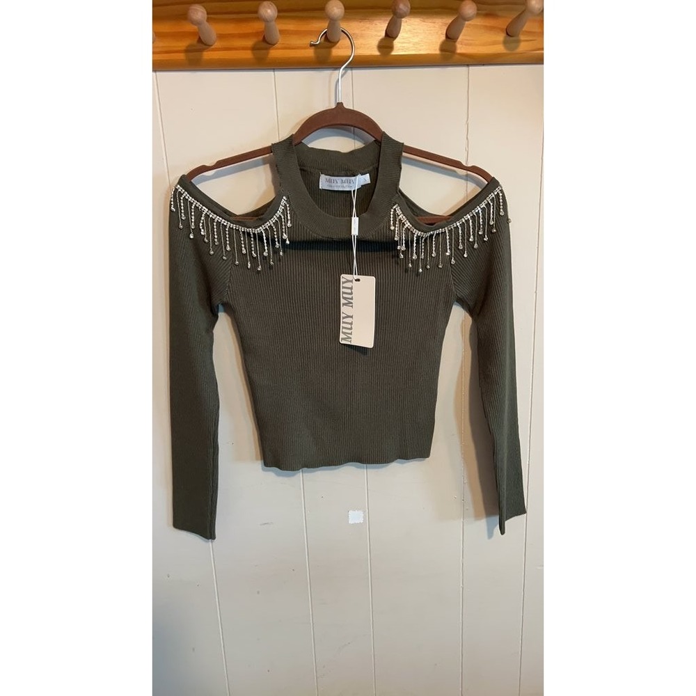 MUY MUY Cold Shoulder Sweater with Beaded Fringe